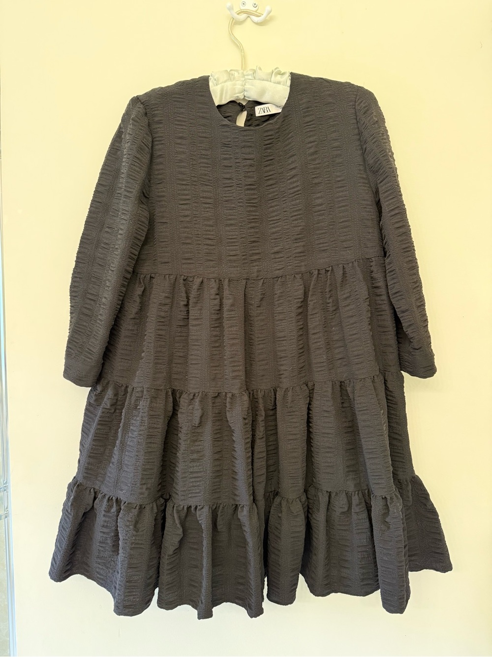 Zara Black Textured Tiered Long-Sleeve Women’s Dress
